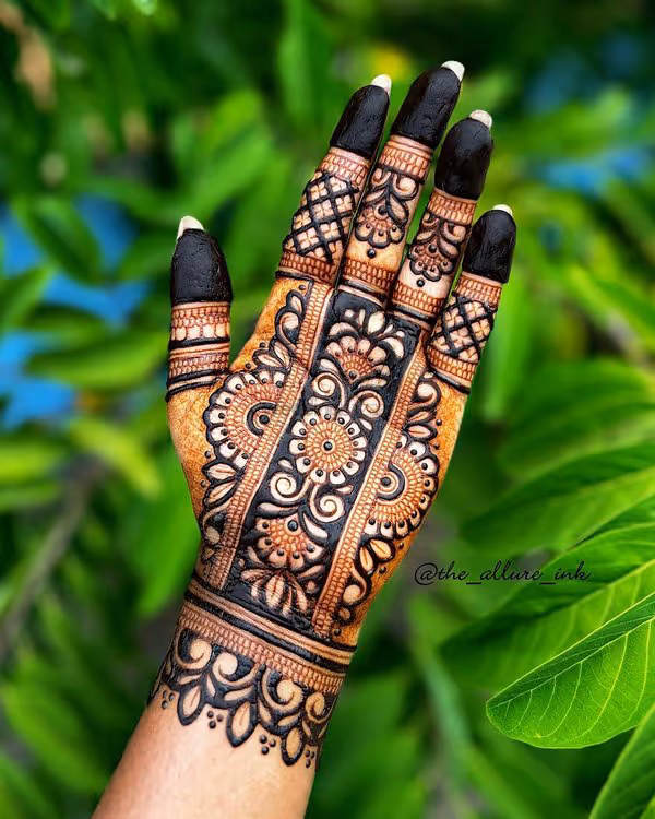 Front Hand Ring Pattern mehndi design for back hand — delicate henna pattern