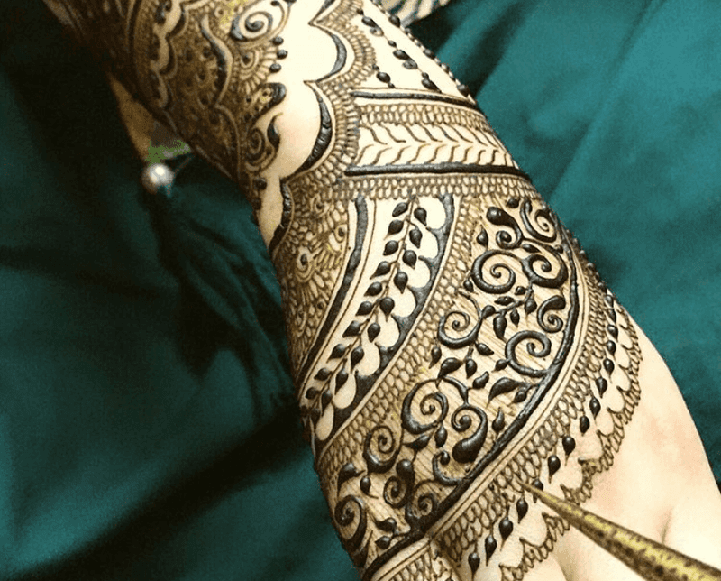 Floral Swirl mehndi design for full hand — sophisticated henna pattern