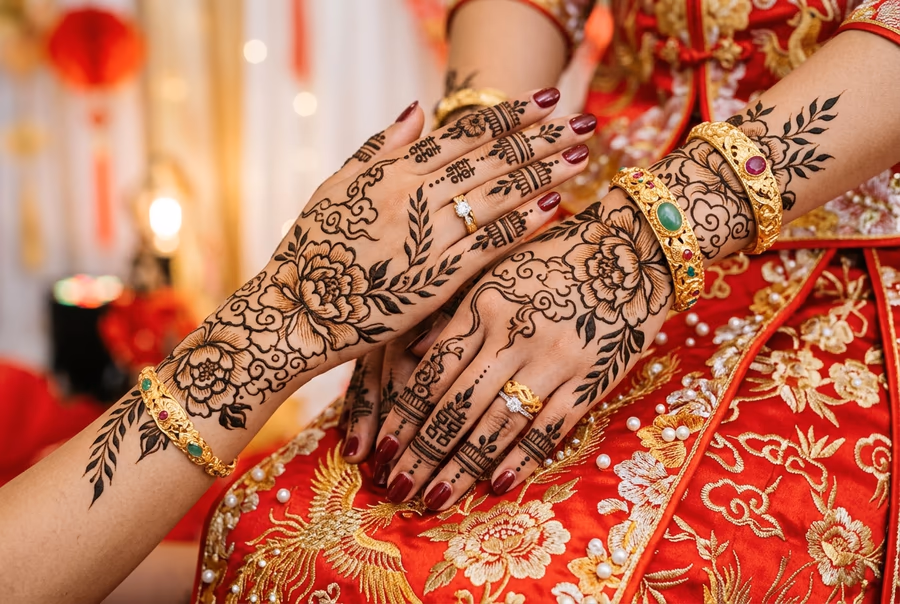 Chinese-inspired bridal mehndi fusion design with peony flowers and ornamental cloud motifs