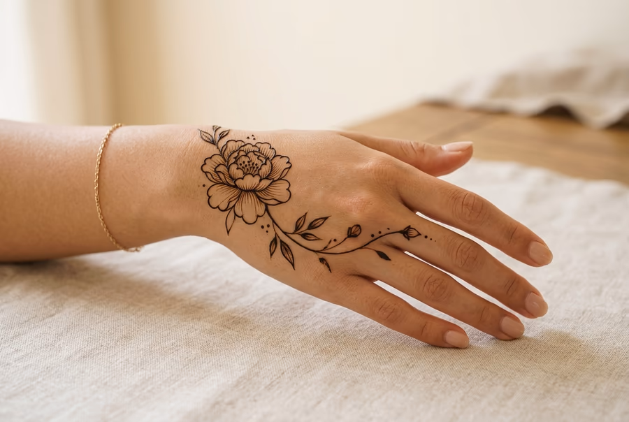 Minimal Chinese-inspired mehndi design with a single peony flower and vine on the back of the hand