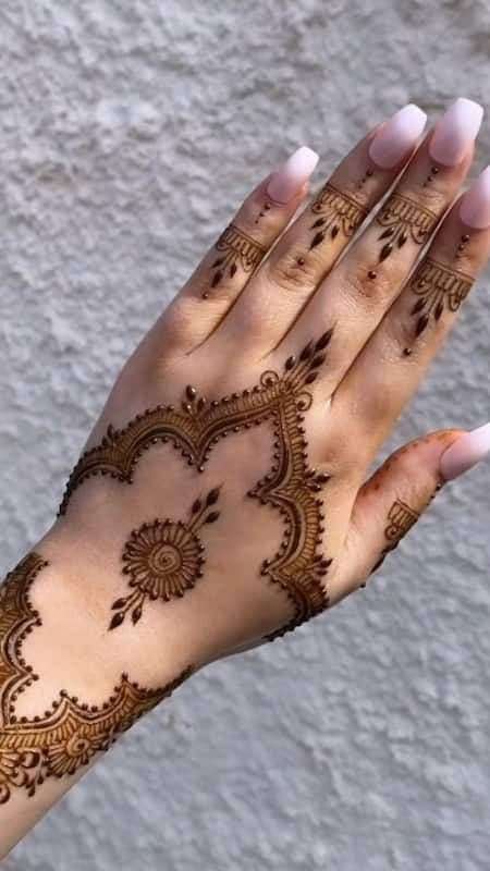 Indian Teardrop Cascade mehndi design for front hand — elegant henna pattern