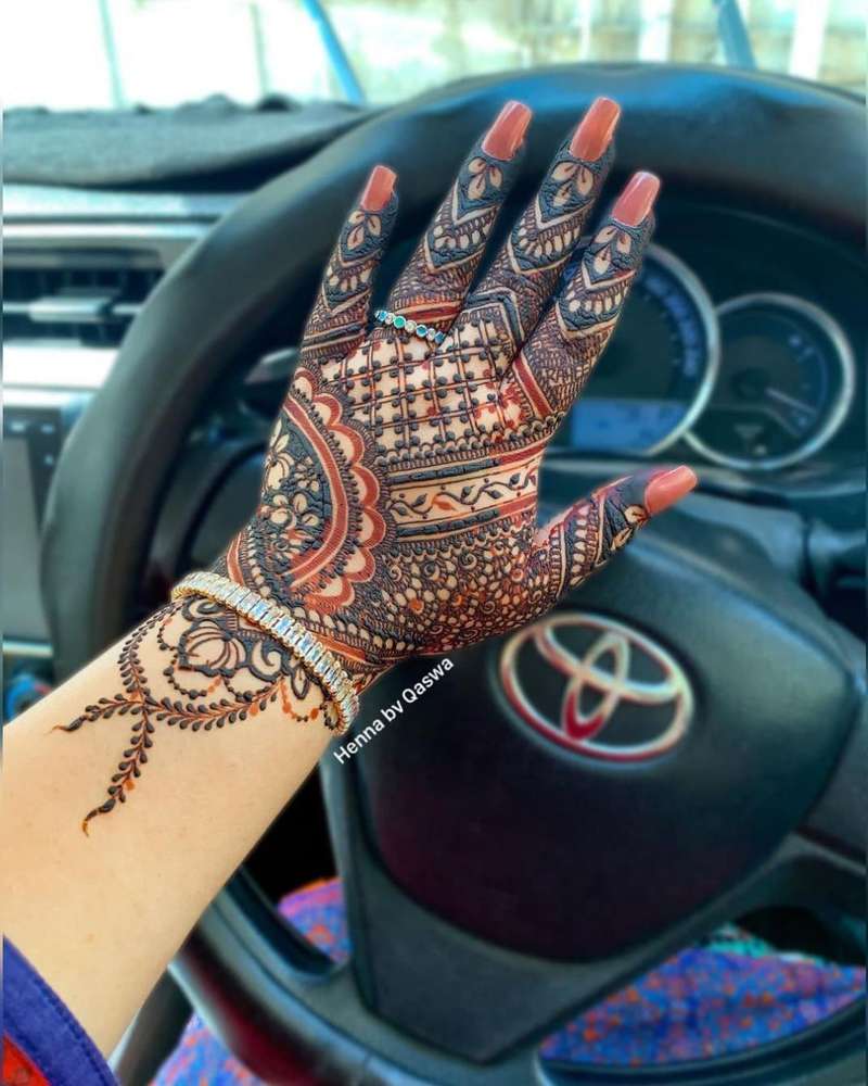 Indian Sunburst mehndi design for front hand — contemporary henna pattern